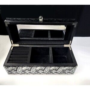 Black & White Paisley Glass & Wood Jewelry Box Mirror Ring Slots Velvet Lining